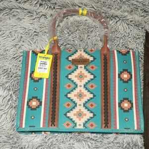 Wrangler Turquoise Aztec-Pattern Large Tote with Brown Trim